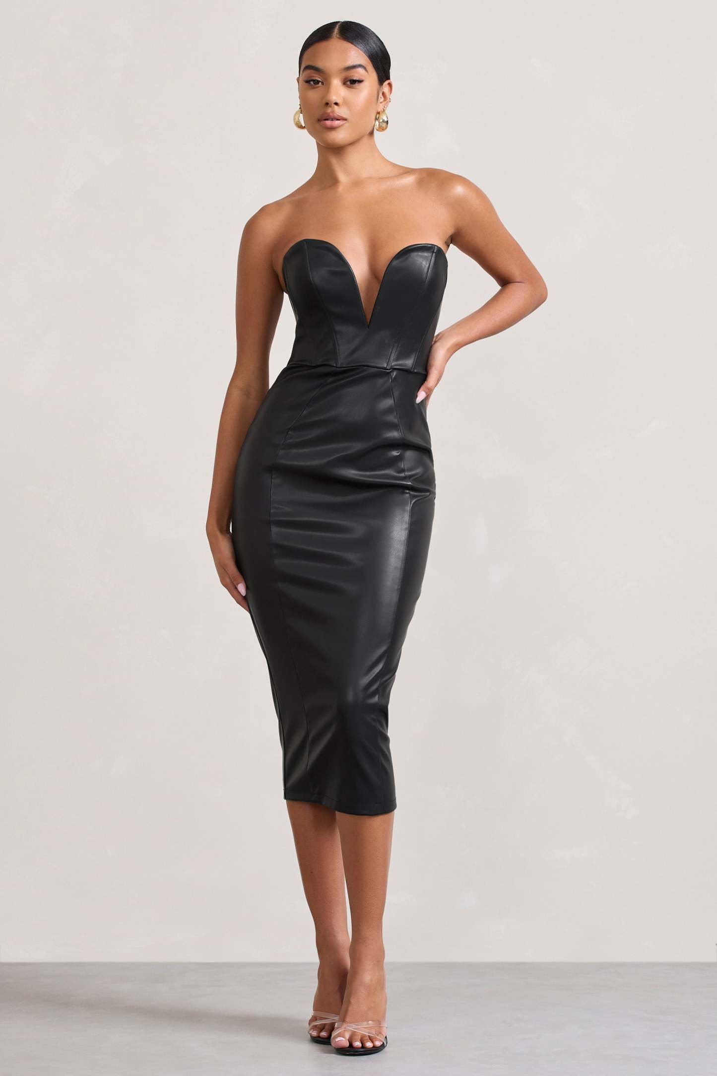 Hailey Black Faux Leather Strapless Sweetheart Corset Midi Dress-Fashionmomo.All Rights Reserved