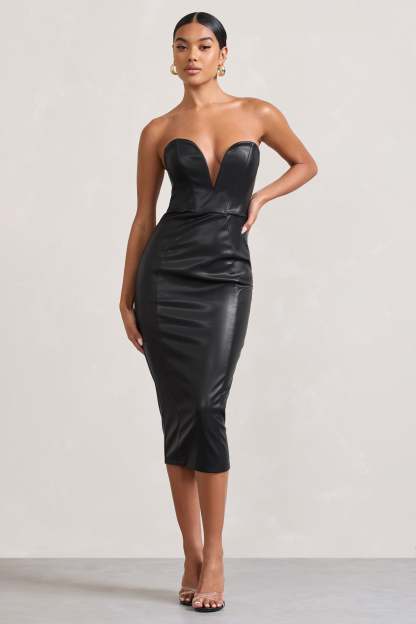 Hailey Black Faux Leather Strapless Sweetheart Corset Midi Dress-Fashionmomo.All Rights Reserved