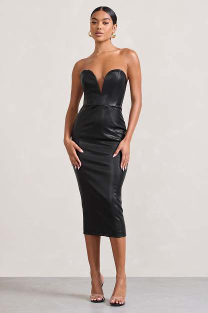 Hailey Black Faux Leather Strapless Sweetheart Corset Midi Dress-Fashionmomo.All Rights Reserved