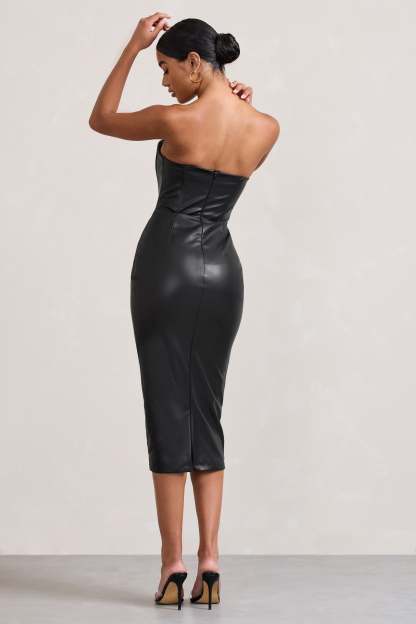 Hailey Black Faux Leather Strapless Sweetheart Corset Midi Dress-Fashionmomo.All Rights Reserved