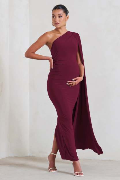 Amaryllis Burgundy Maternity One Shoulder Maxi Dress with Cape Sleeve-Fashionmomo.All Rights Reserved