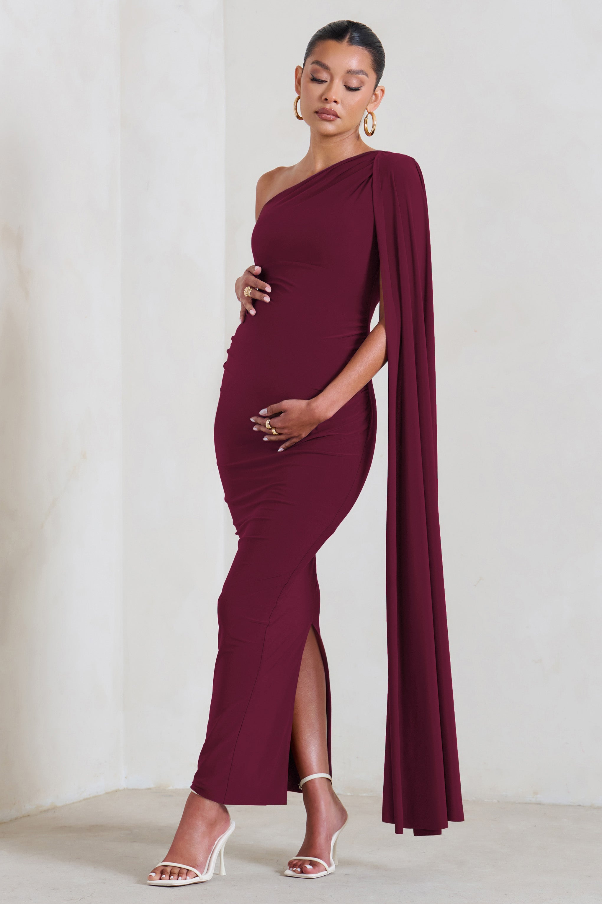 Amaryllis Burgundy Maternity One Shoulder Maxi Dress with Cape Sleeve-Fashionmomo.All Rights Reserved