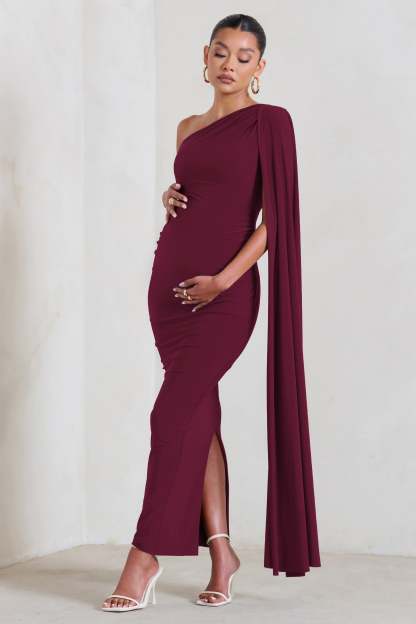 Amaryllis Burgundy Maternity One Shoulder Maxi Dress with Cape Sleeve-Fashionmomo.All Rights Reserved