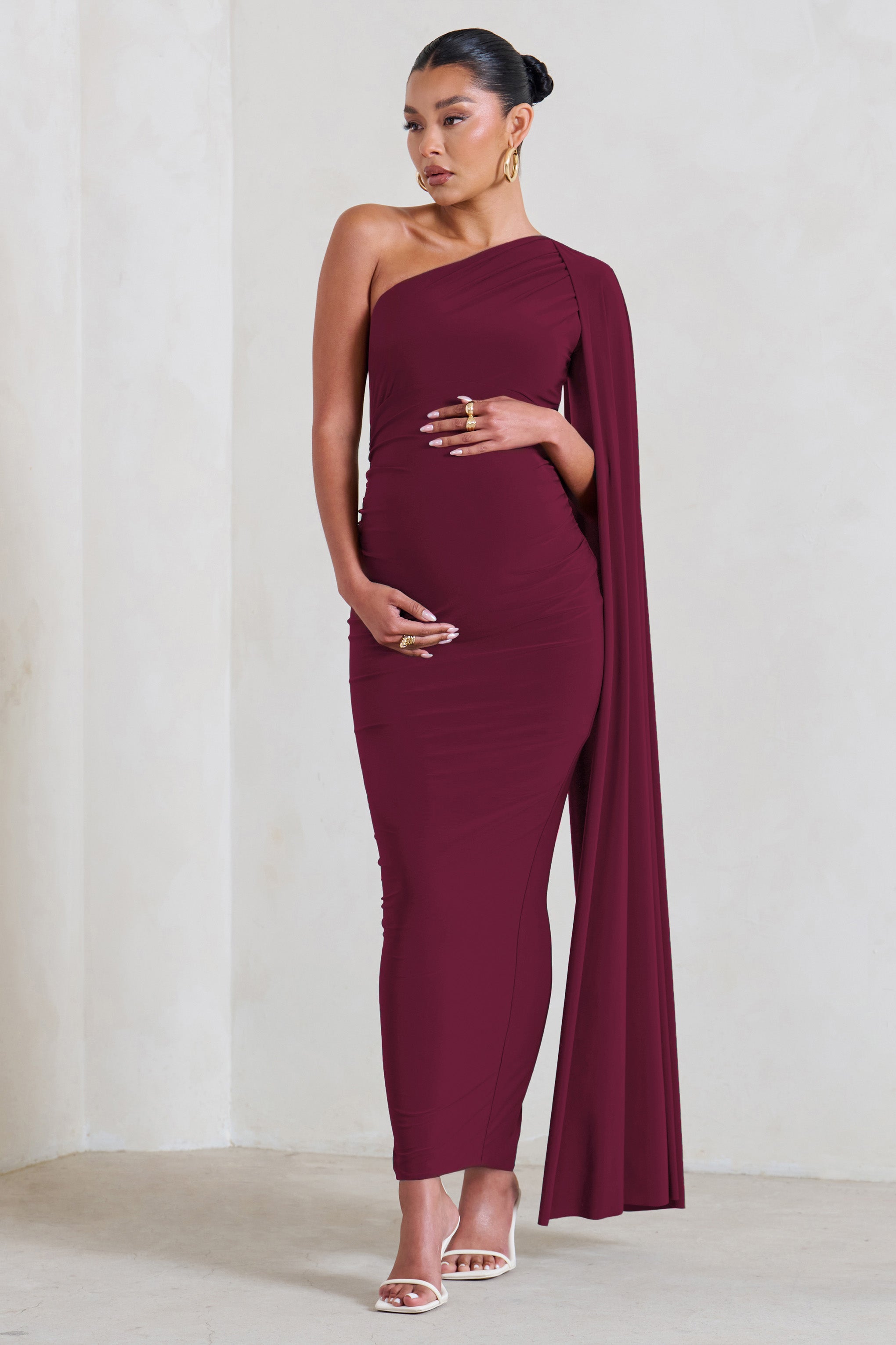 Amaryllis Burgundy Maternity One Shoulder Maxi Dress with Cape Sleeve-Fashionmomo.All Rights Reserved