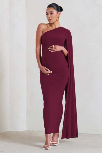 Amaryllis Burgundy Maternity One Shoulder Maxi Dress with Cape Sleeve-Fashionmomo.All Rights Reserved