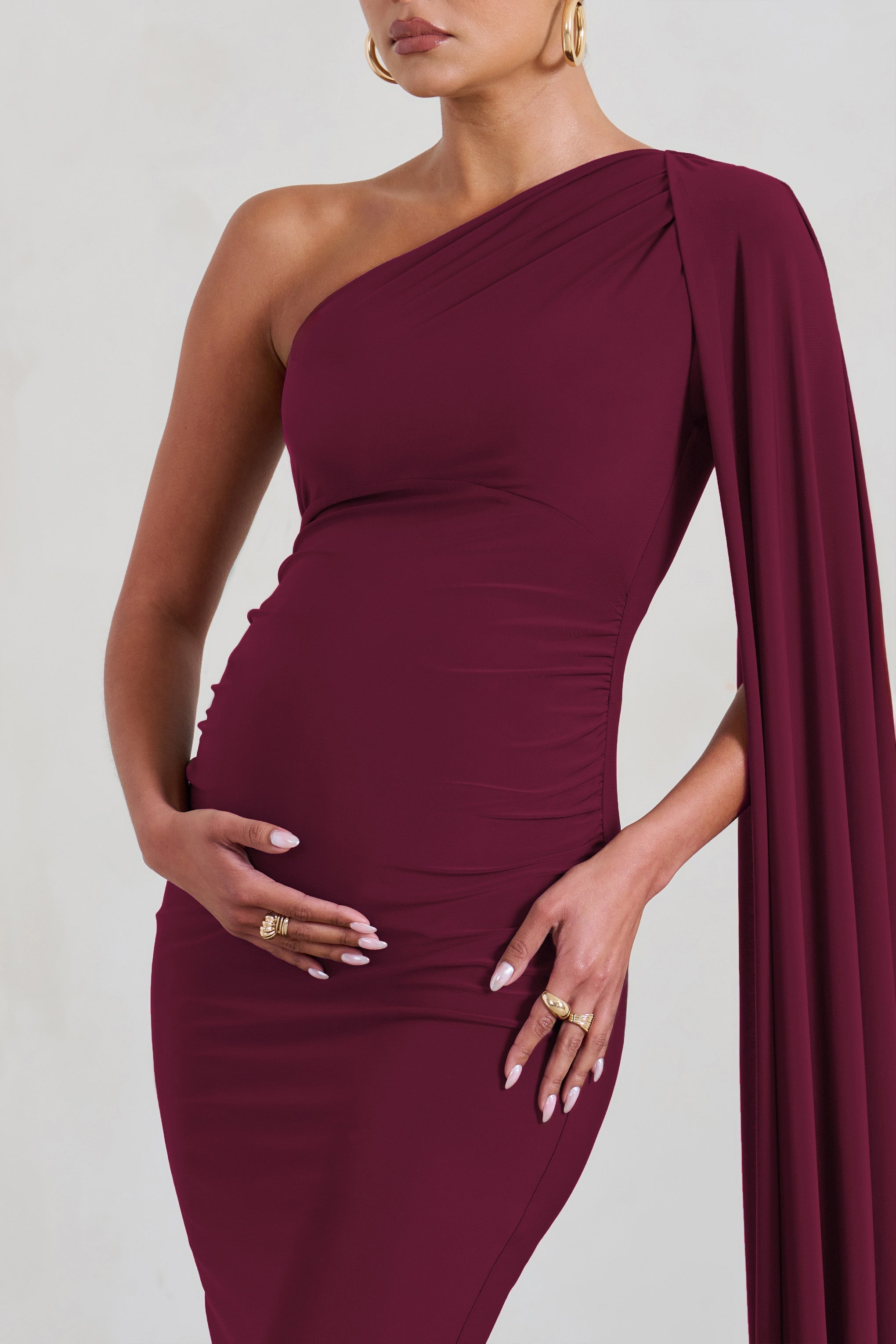 Amaryllis Burgundy Maternity One Shoulder Maxi Dress with Cape Sleeve-Fashionmomo.All Rights Reserved