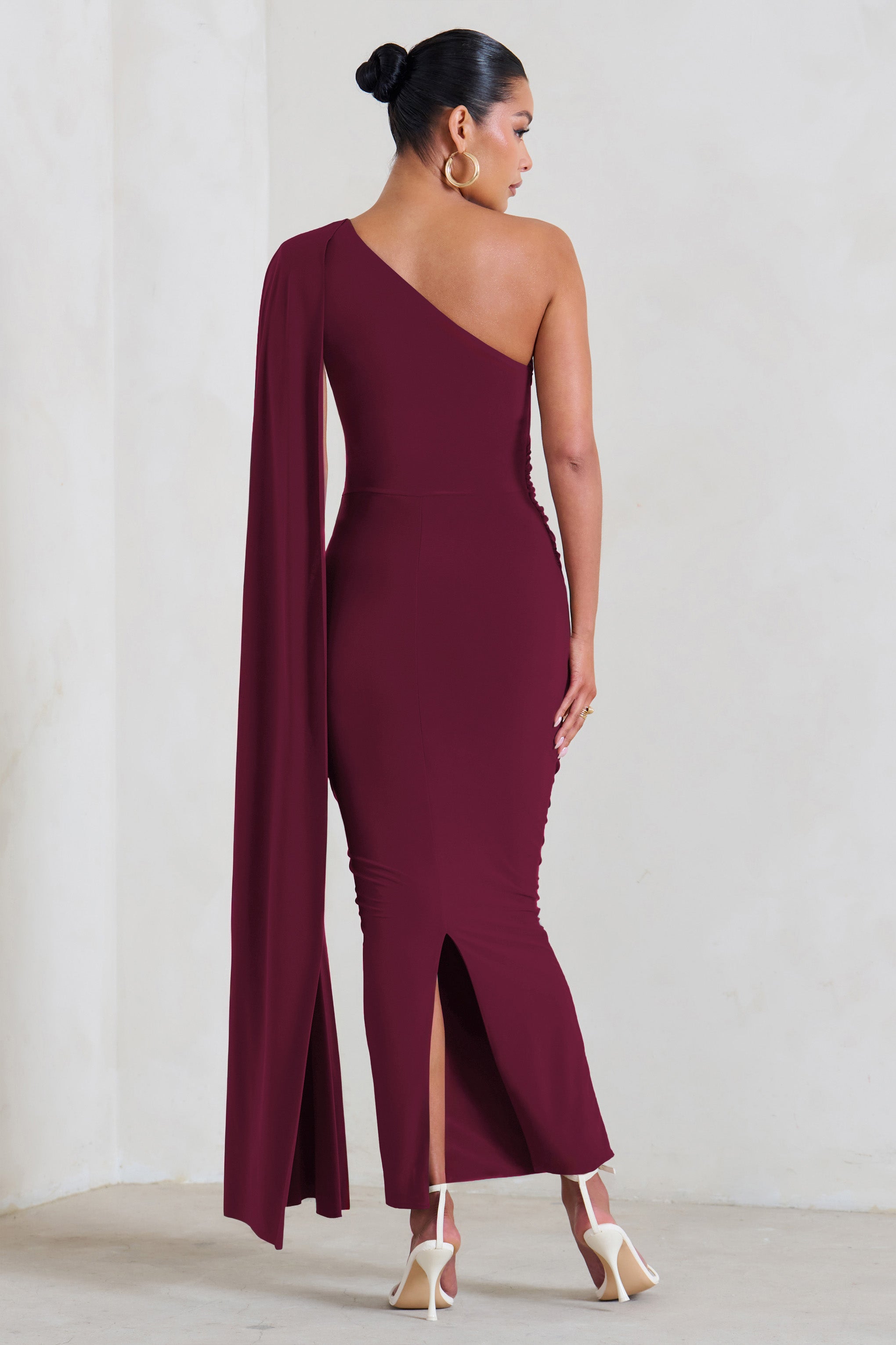 Amaryllis Burgundy Maternity One Shoulder Maxi Dress with Cape Sleeve-Fashionmomo.All Rights Reserved
