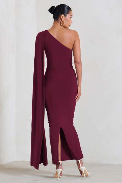 Amaryllis Burgundy Maternity One Shoulder Maxi Dress with Cape Sleeve-Fashionmomo.All Rights Reserved