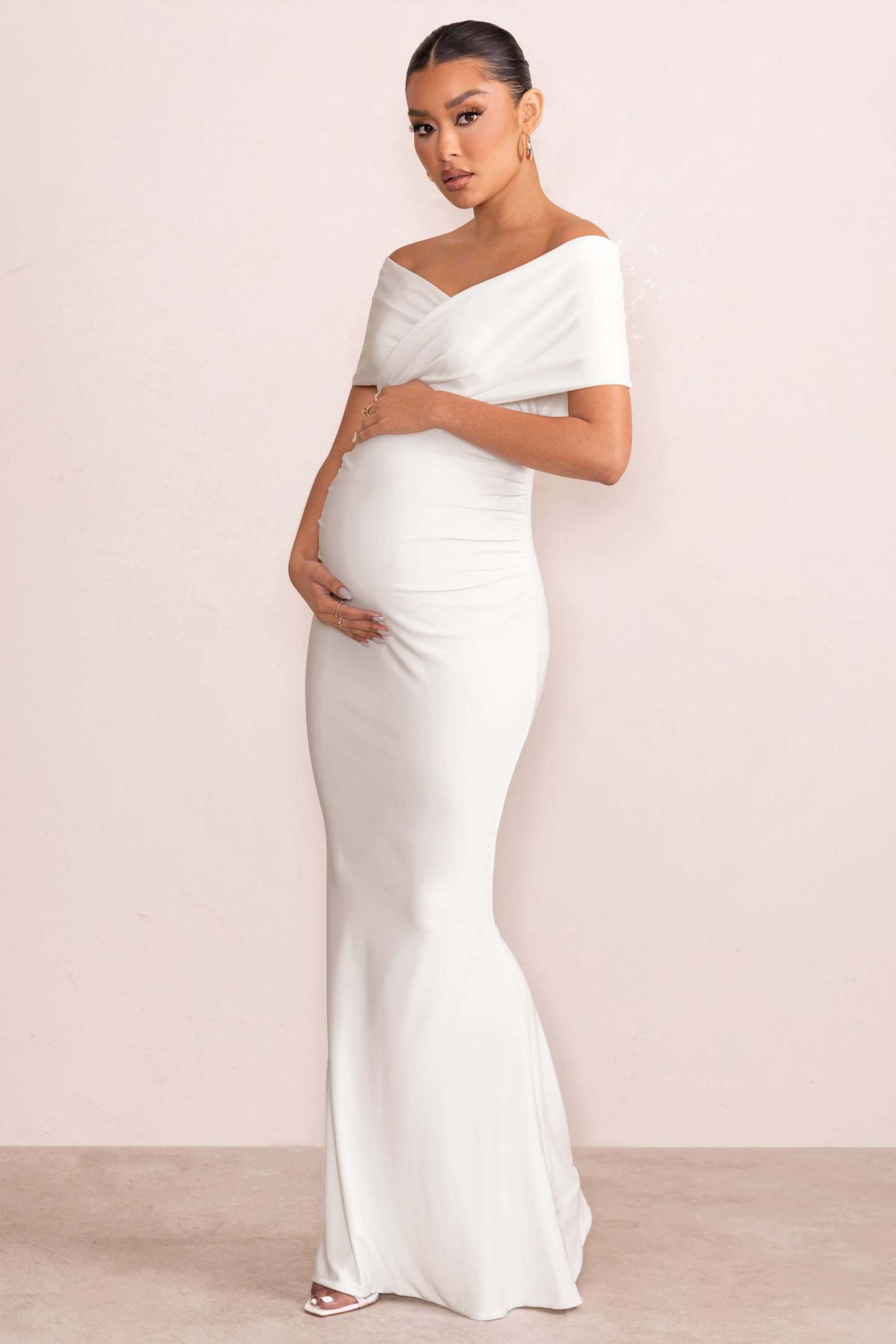 Amal White Bardot Wrap Neckline Maternity Maxi Dress-Fashionmomo.All Rights Reserved