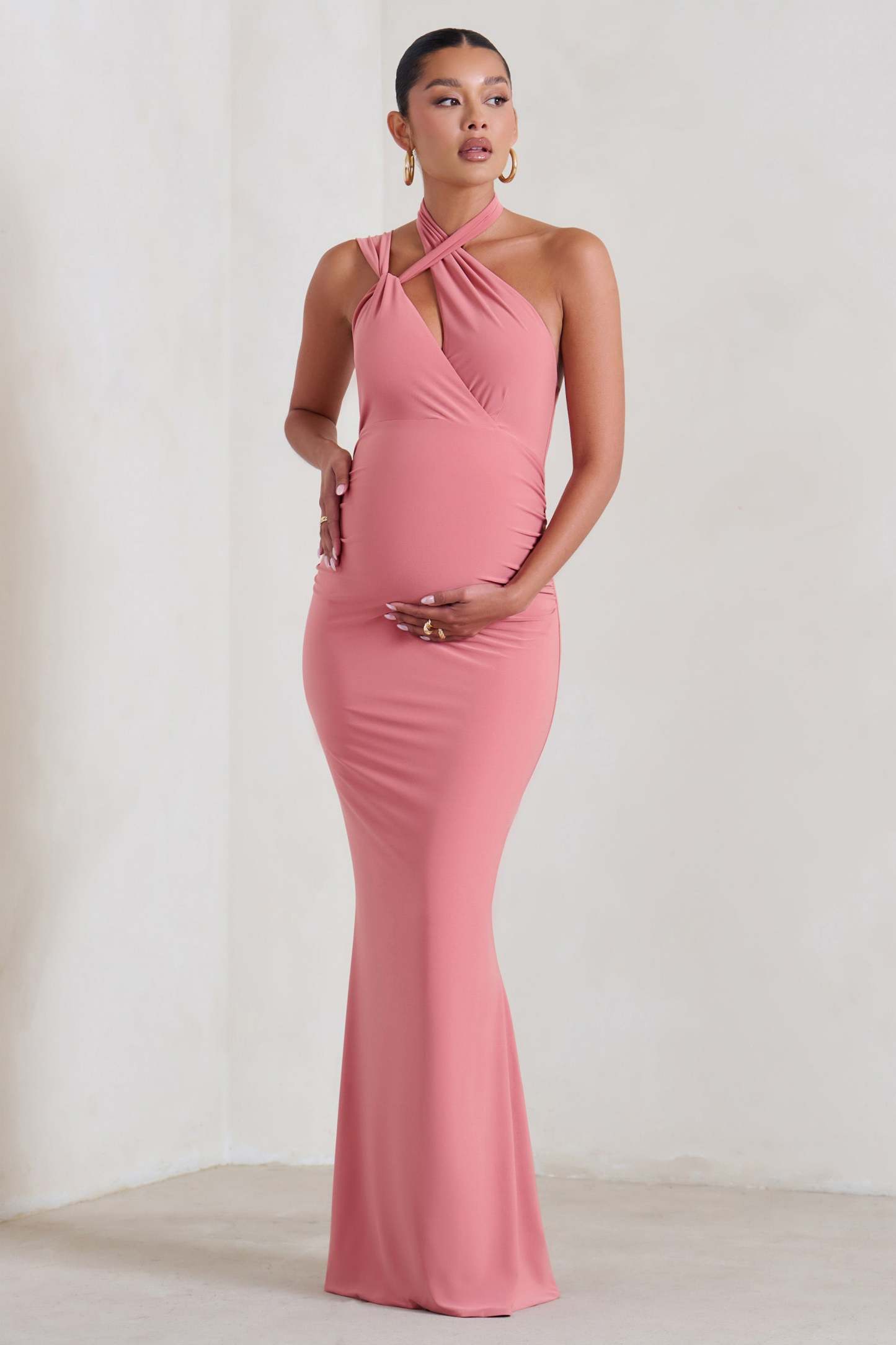 Alba Blush Pink Maternity Halter Asymmetric Maxi Dress with Cut Out-Fashionmomo.All Rights Reserved
