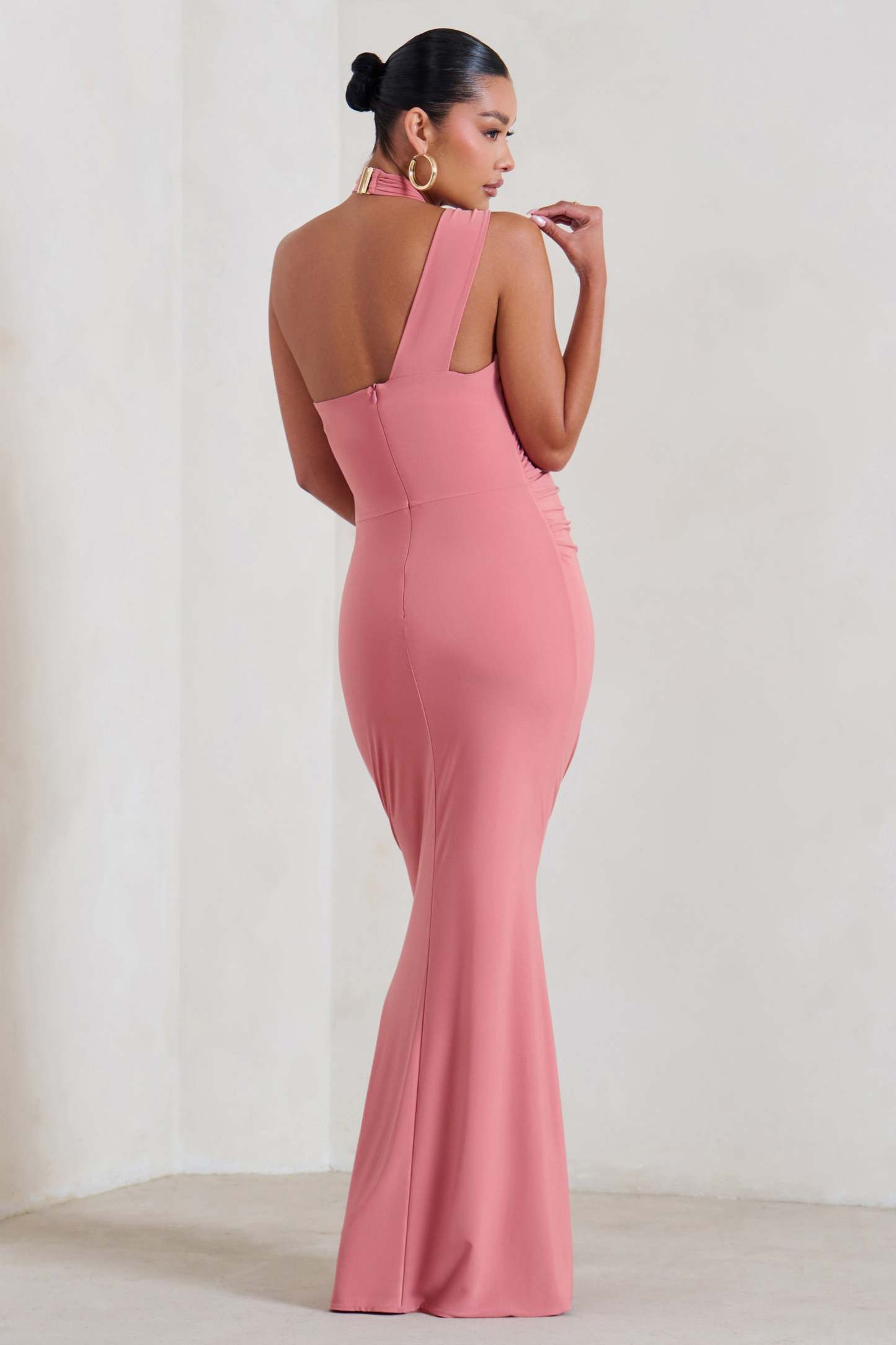 Alba Blush Pink Maternity Halter Asymmetric Maxi Dress with Cut Out-Fashionmomo.All Rights Reserved