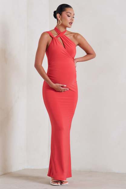 Alba Coral Maternity Halter Asymmetric Maxi Dress with Cut Out-Fashionmomo.All Rights Reserved