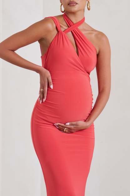 Alba Coral Maternity Halter Asymmetric Maxi Dress with Cut Out-Fashionmomo.All Rights Reserved