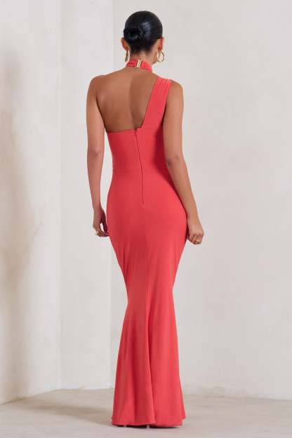Alba Coral Maternity Halter Asymmetric Maxi Dress with Cut Out-Fashionmomo.All Rights Reserved