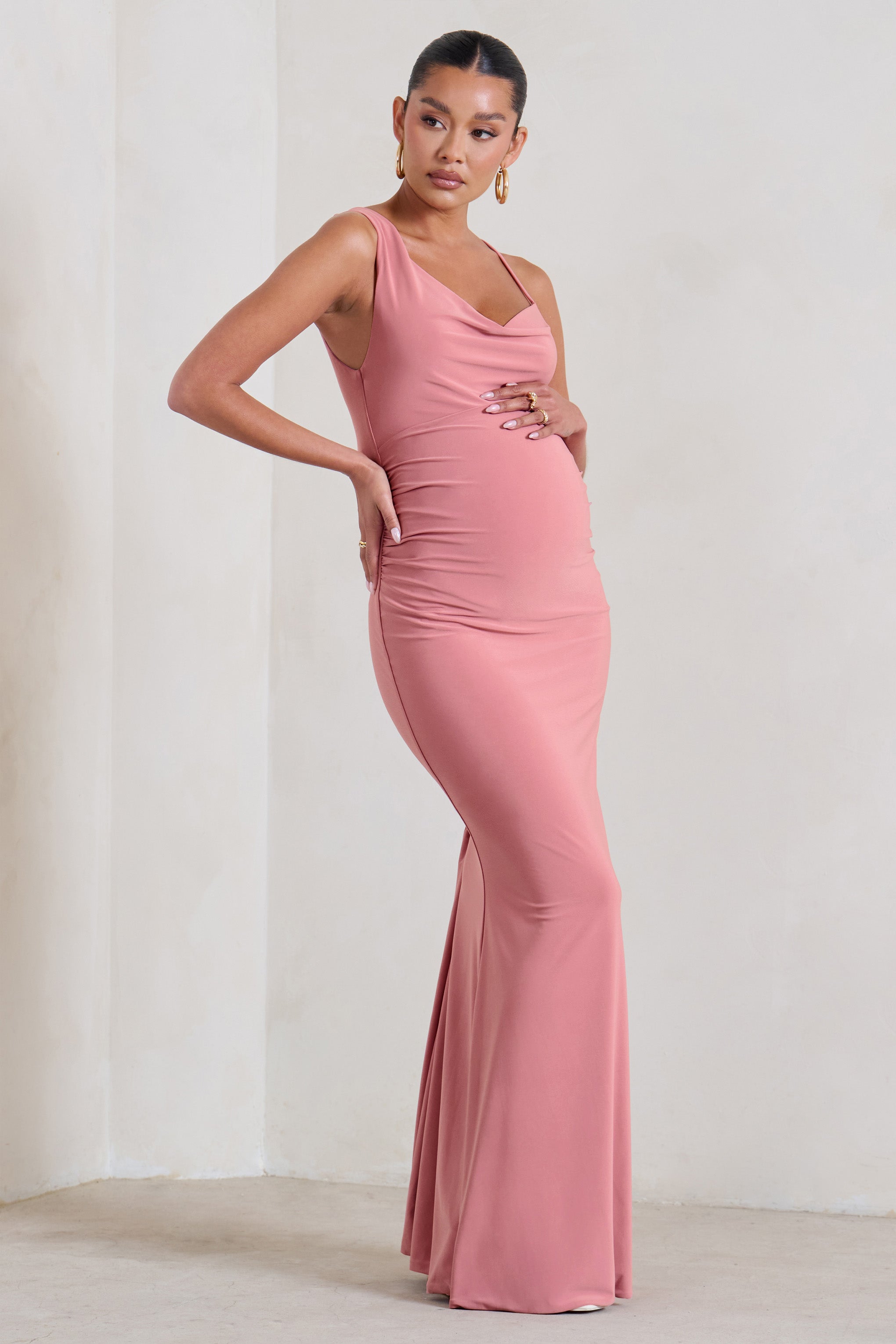 Phantasy Blush Pink Maternity Cowl Neck Maxi Dress-Fashionmomo.All Rights Reserved