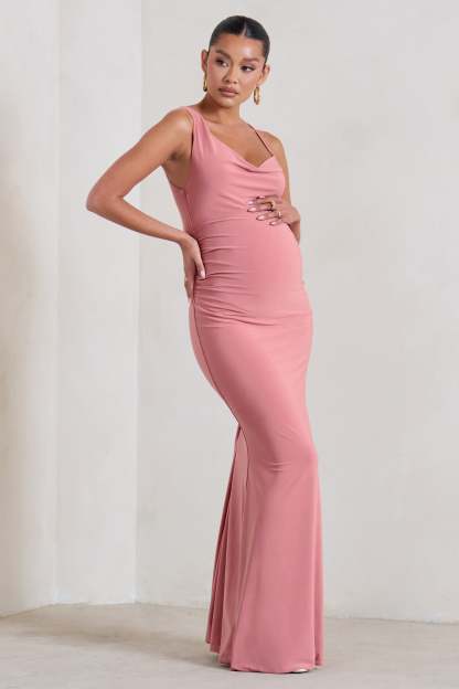 Phantasy Blush Pink Maternity Cowl Neck Maxi Dress-Fashionmomo.All Rights Reserved