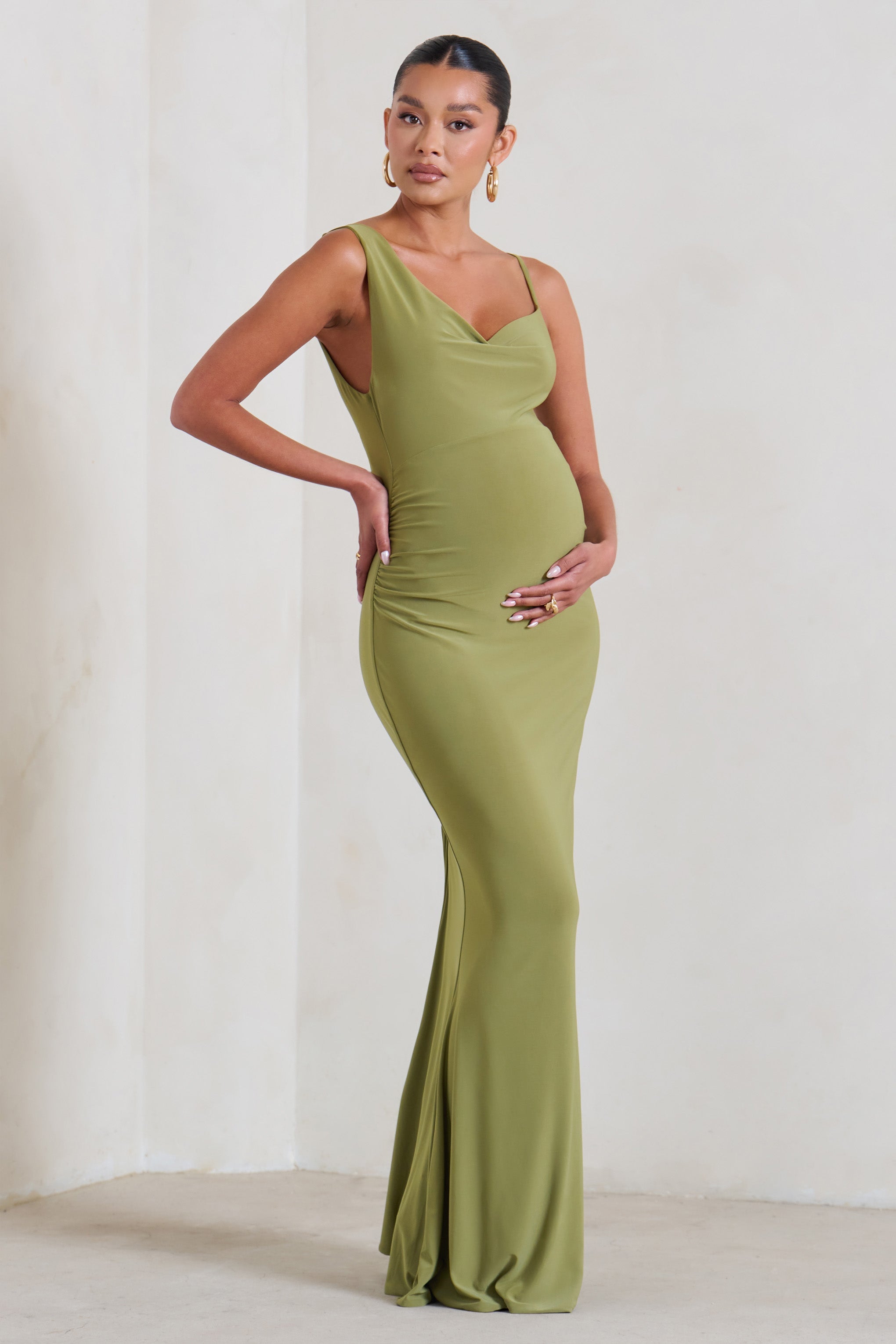 Phantasy Olive Green Maternity Cowl Neck Maxi Dress-Fashionmomo.All Rights Reserved