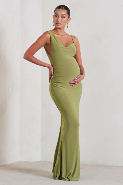 Phantasy Olive Green Maternity Cowl Neck Maxi Dress-Fashionmomo.All Rights Reserved