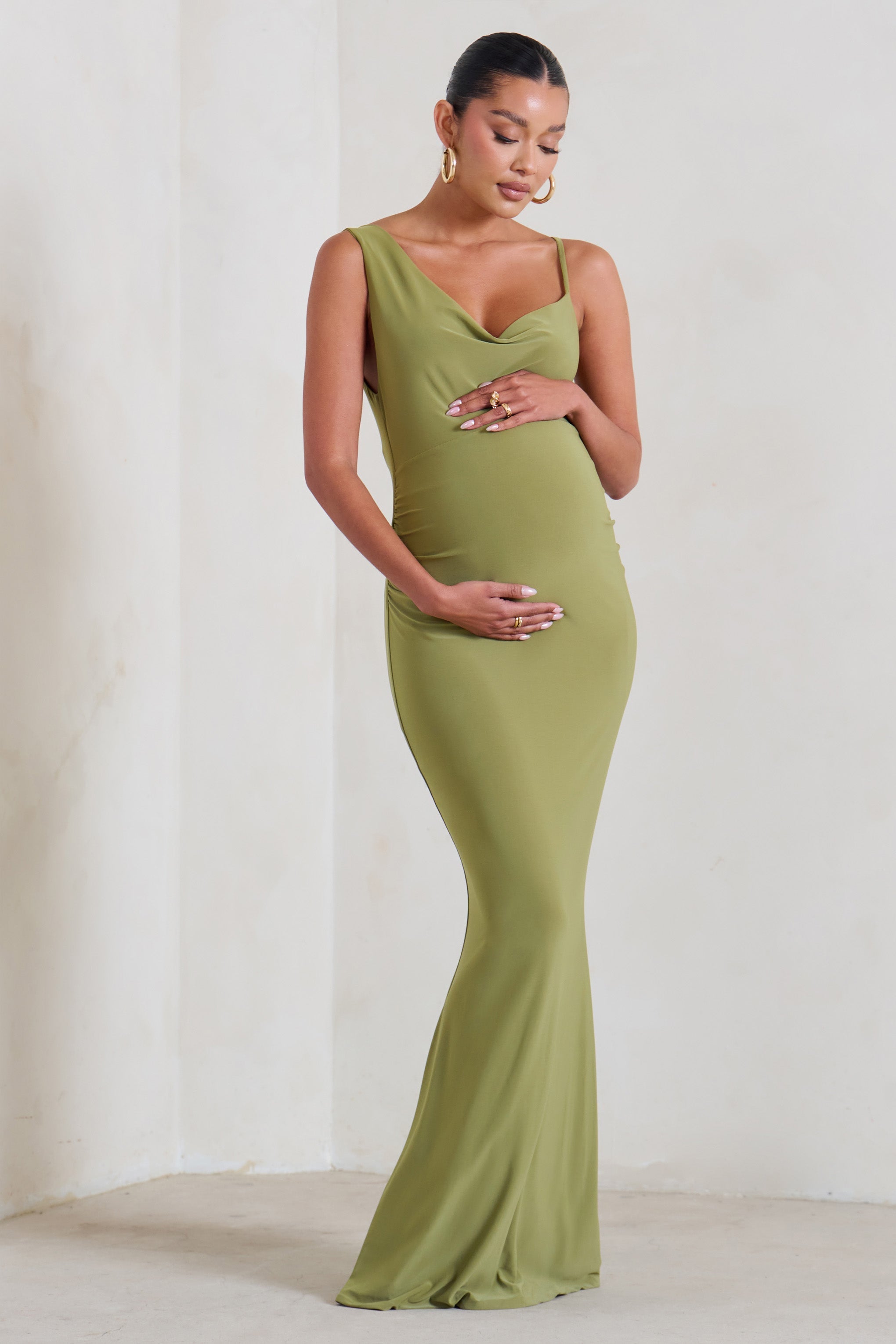 Phantasy Olive Green Maternity Cowl Neck Maxi Dress-Fashionmomo.All Rights Reserved