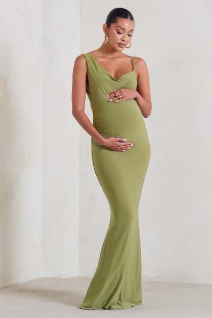 Phantasy Olive Green Maternity Cowl Neck Maxi Dress-Fashionmomo.All Rights Reserved