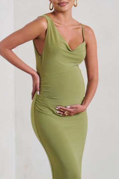Phantasy Olive Green Maternity Cowl Neck Maxi Dress-Fashionmomo.All Rights Reserved