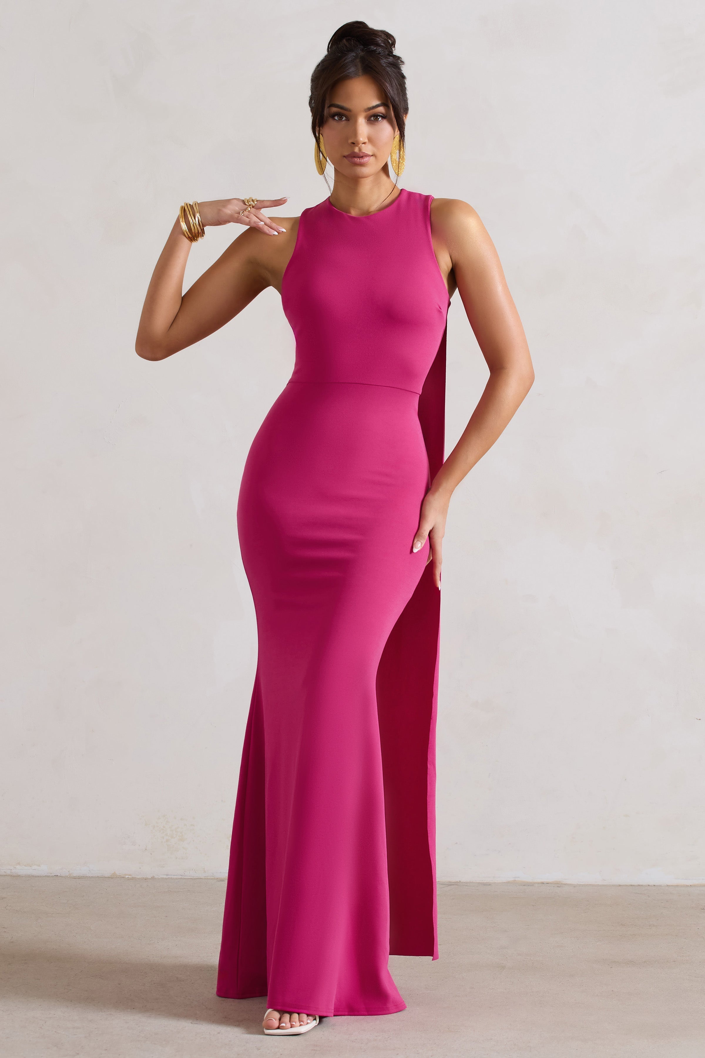 Patty Dark Pink High-Neck Sleeveless Maxi Dress-Fashionmomo.All Rights Reserved