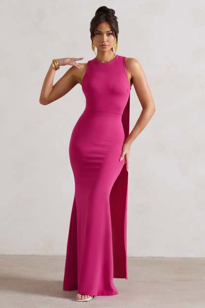 Patty Dark Pink High-Neck Sleeveless Maxi Dress-Fashionmomo.All Rights Reserved