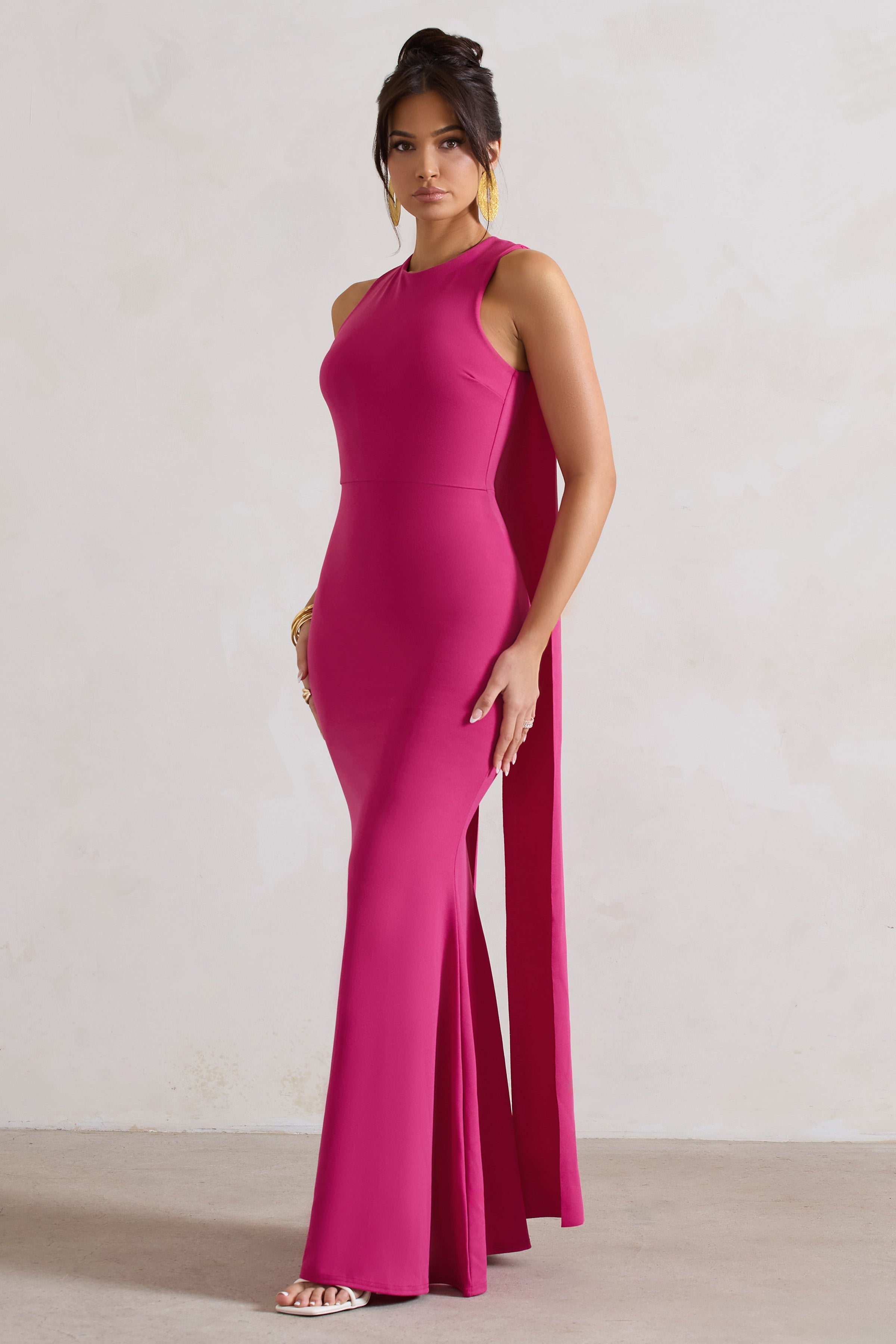 Patty Dark Pink High-Neck Sleeveless Maxi Dress-Fashionmomo.All Rights Reserved
