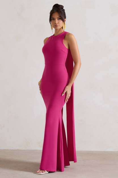 Patty Dark Pink High-Neck Sleeveless Maxi Dress-Fashionmomo.All Rights Reserved