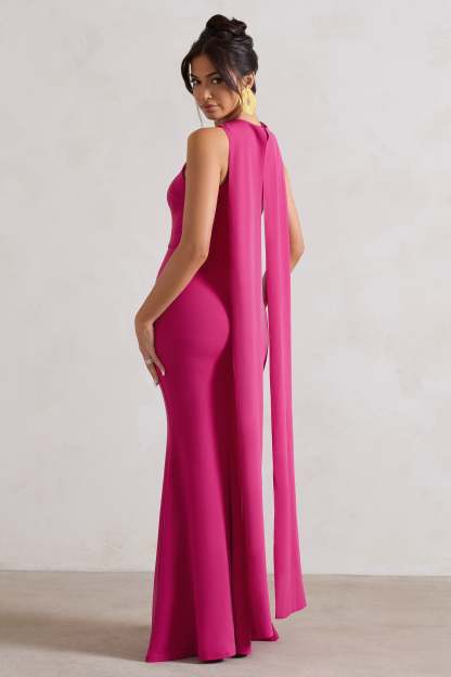 Patty Dark Pink High-Neck Sleeveless Maxi Dress-Fashionmomo.All Rights Reserved