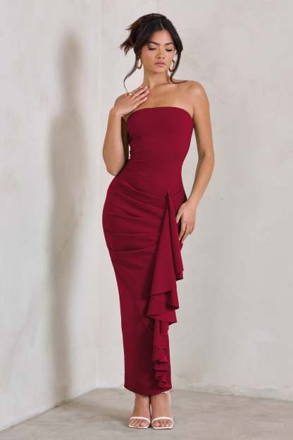 Fleur Berry Bandeau Ruffle Maxi Dress-Fashionmomo.All Rights Reserved