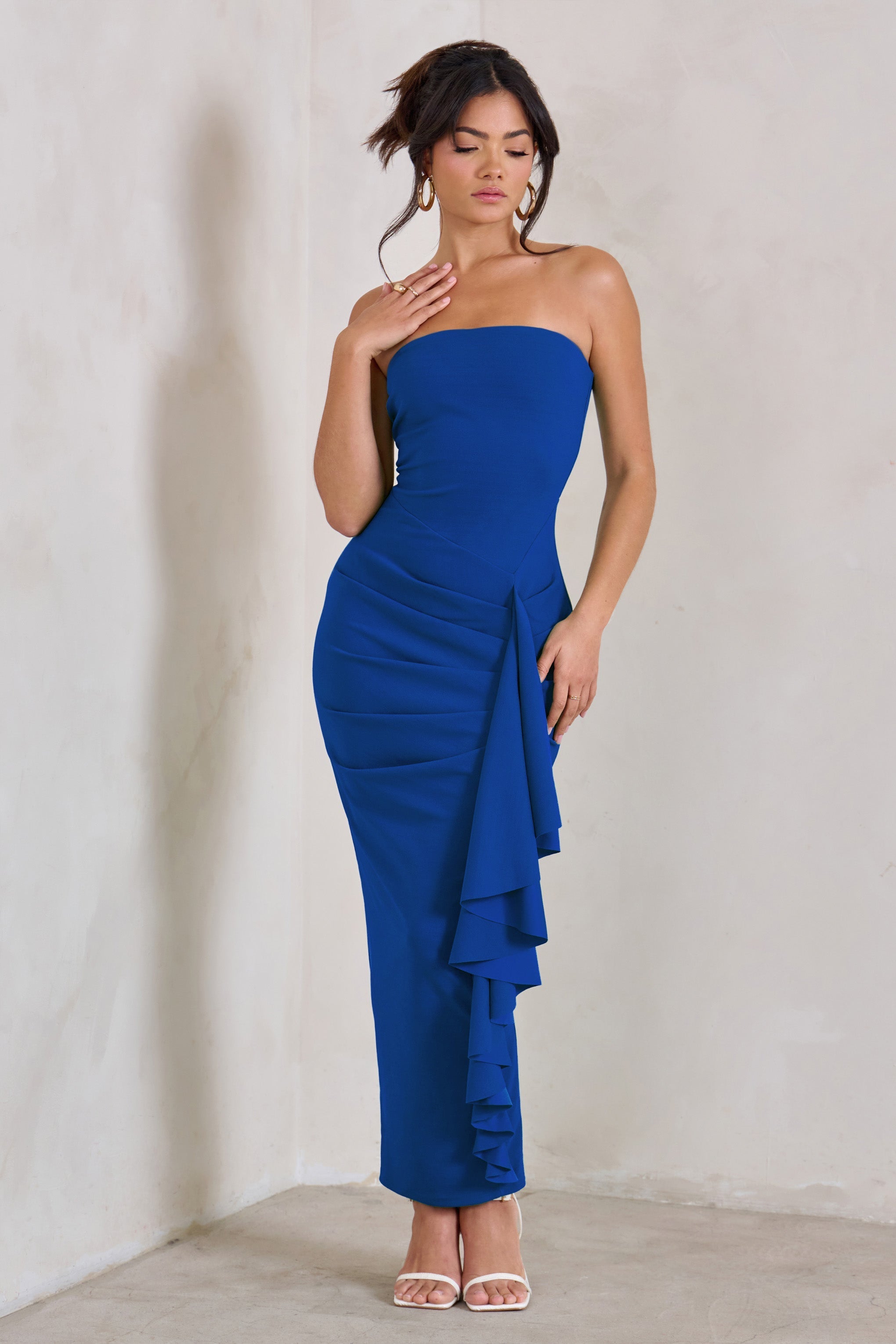 Fleur Royal Blue Bandeau Ruffle Maxi Dress-Fashionmomo.All Rights Reserved
