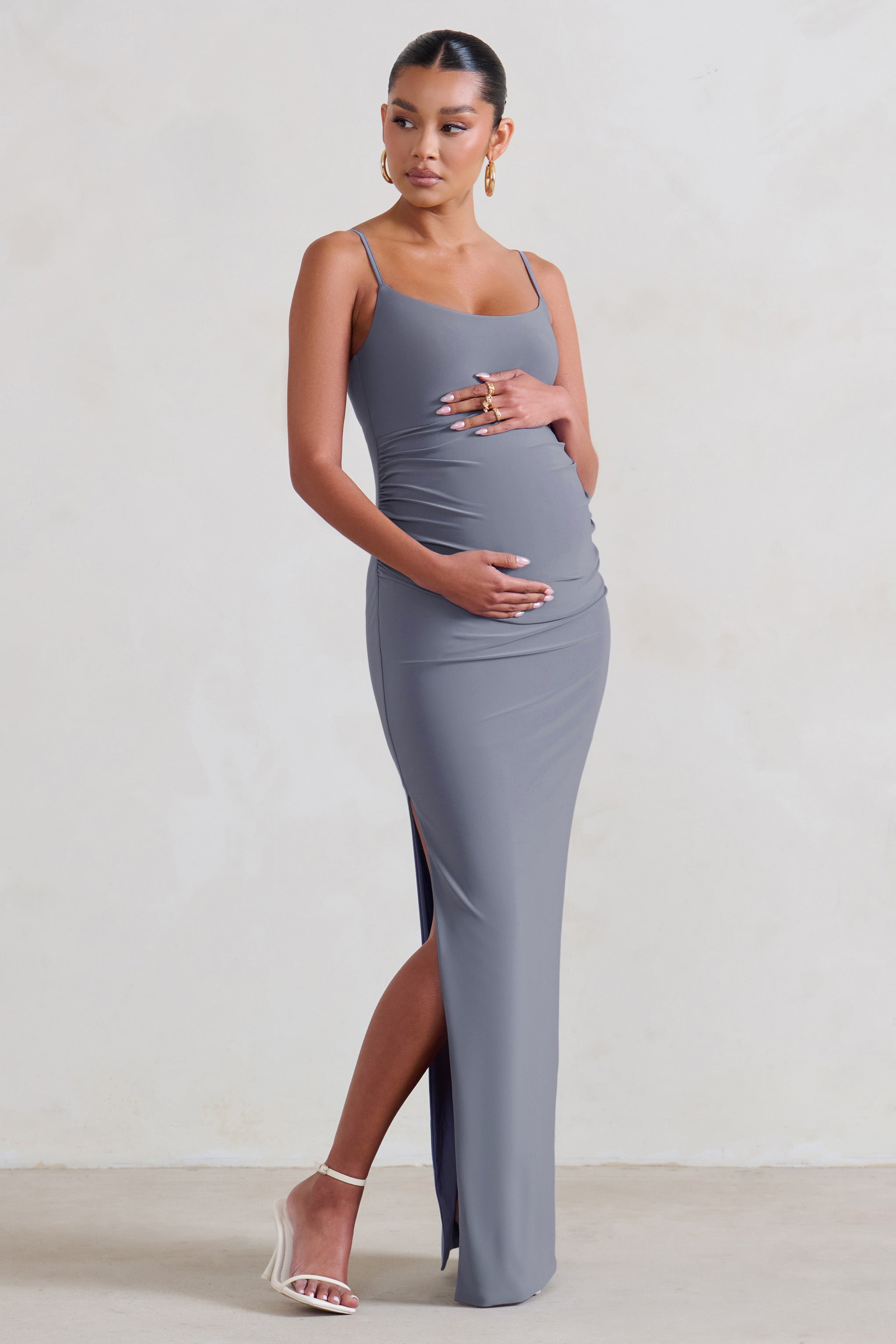 Aurelia Grey Maternity Cami Maxi Dress With Split-Fashionmomo.All Rights Reserved