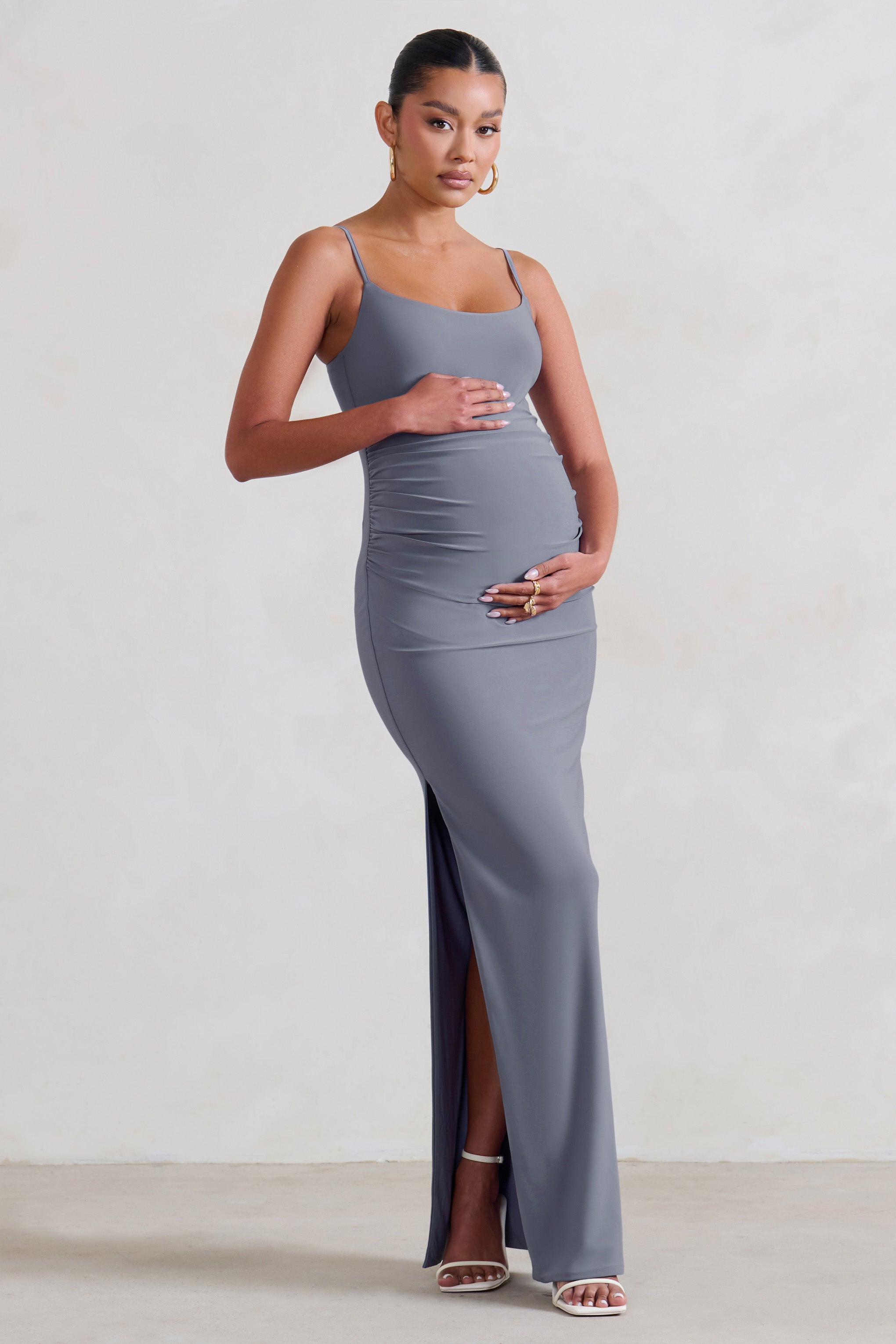 Aurelia Grey Maternity Cami Maxi Dress With Split-Fashionmomo.All Rights Reserved