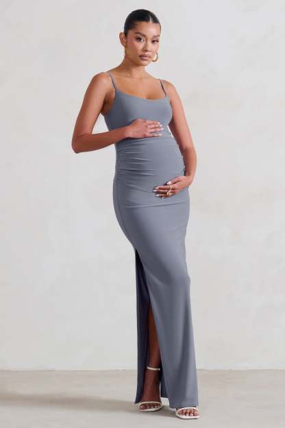 Aurelia Grey Maternity Cami Maxi Dress With Split-Fashionmomo.All Rights Reserved