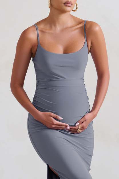 Aurelia Grey Maternity Cami Maxi Dress With Split-Fashionmomo.All Rights Reserved