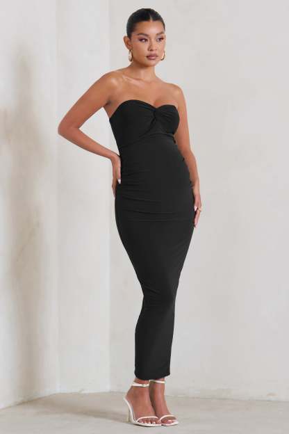 Evita Black Maternity Sweetheart Twist Detail Midi Dress-Fashionmomo.All Rights Reserved