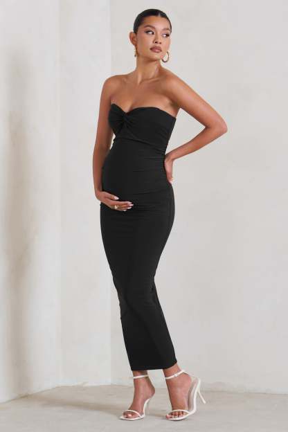 Evita Black Maternity Sweetheart Twist Detail Midi Dress-Fashionmomo.All Rights Reserved