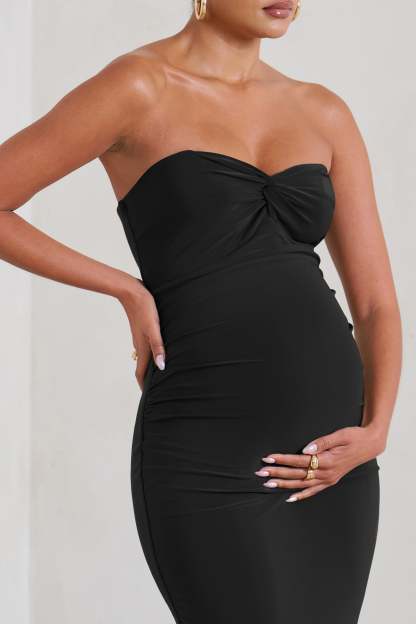 Evita Black Maternity Sweetheart Twist Detail Midi Dress-Fashionmomo.All Rights Reserved