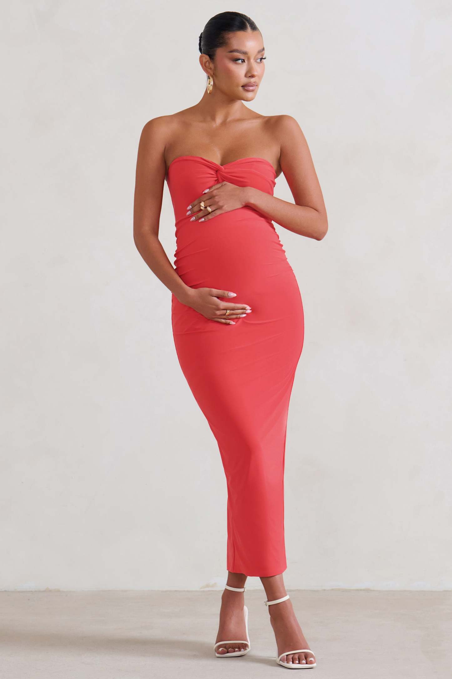 Evita Coral Maternity Sweetheart Twist Detail Midi Dress-Fashionmomo.All Rights Reserved