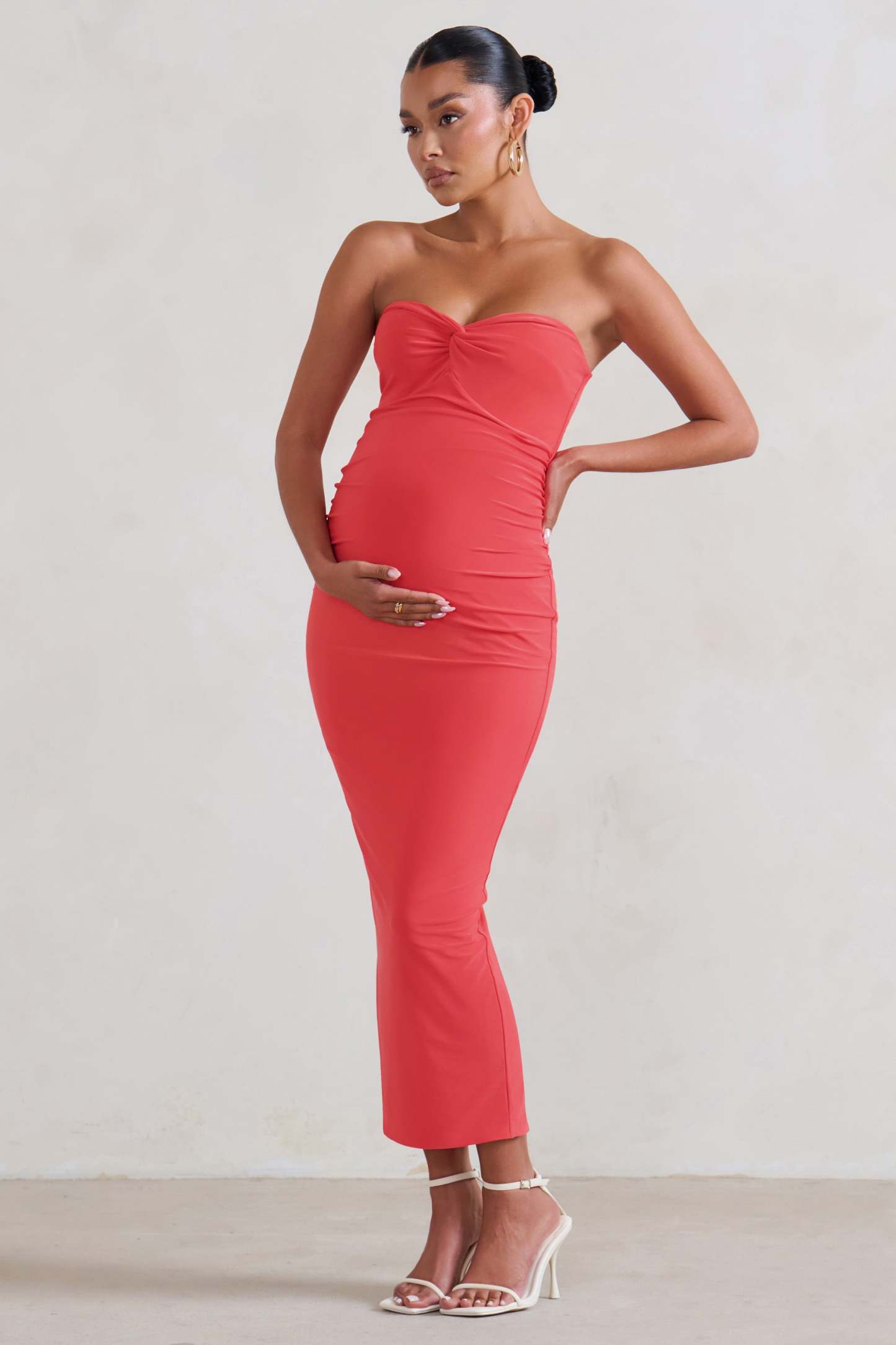 Evita Coral Maternity Sweetheart Twist Detail Midi Dress-Fashionmomo.All Rights Reserved