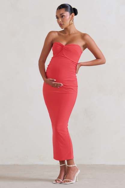 Evita Coral Maternity Sweetheart Twist Detail Midi Dress-Fashionmomo.All Rights Reserved