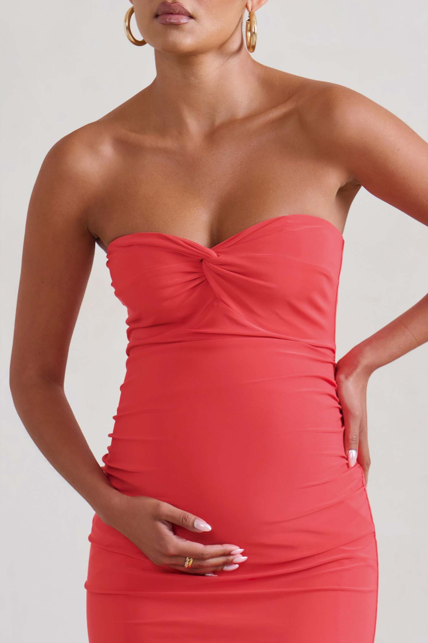 Evita Coral Maternity Sweetheart Twist Detail Midi Dress-Fashionmomo.All Rights Reserved