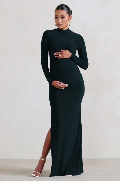 Alejandra Black Maternity Long Sleeve High Neck Maxi Dress-Fashionmomo.All Rights Reserved