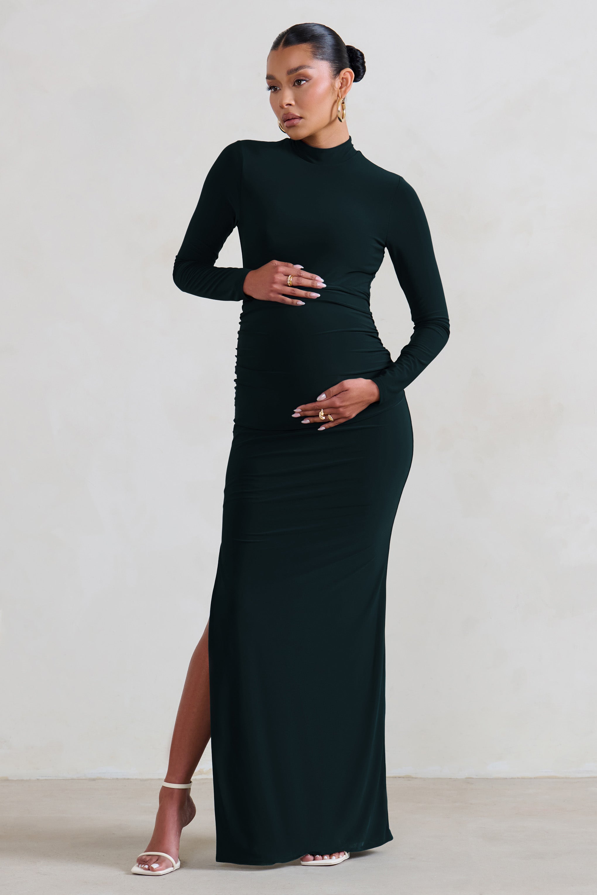 Alejandra Black Maternity Long Sleeve High Neck Maxi Dress-Fashionmomo.All Rights Reserved
