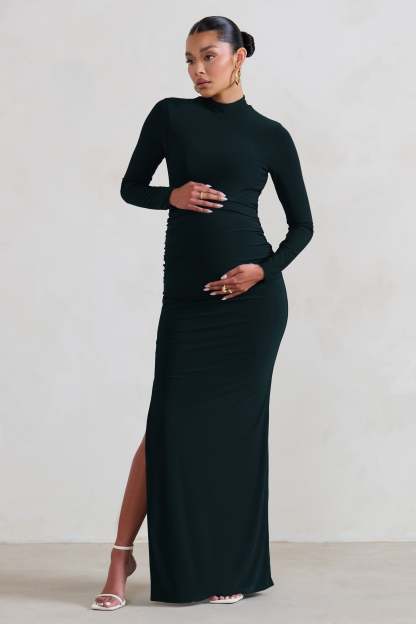 Alejandra Black Maternity Long Sleeve High Neck Maxi Dress-Fashionmomo.All Rights Reserved