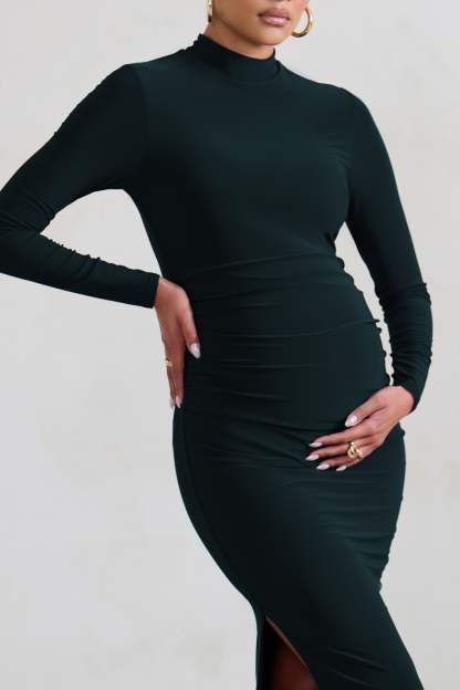 Alejandra Black Maternity Long Sleeve High Neck Maxi Dress-Fashionmomo.All Rights Reserved