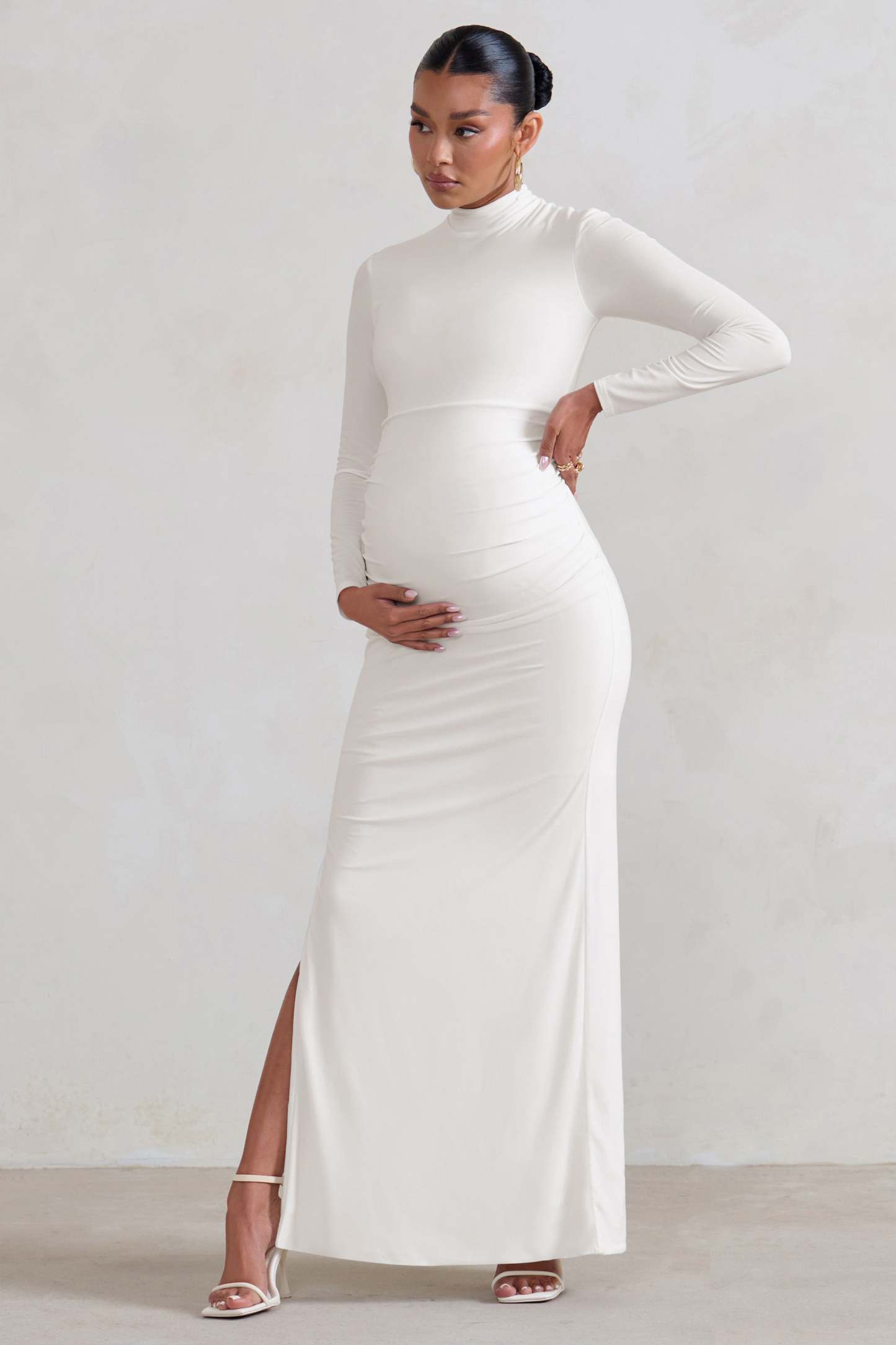 Alejandra White Maternity Long Sleeve High Neck Maxi Dress-Fashionmomo.All Rights Reserved