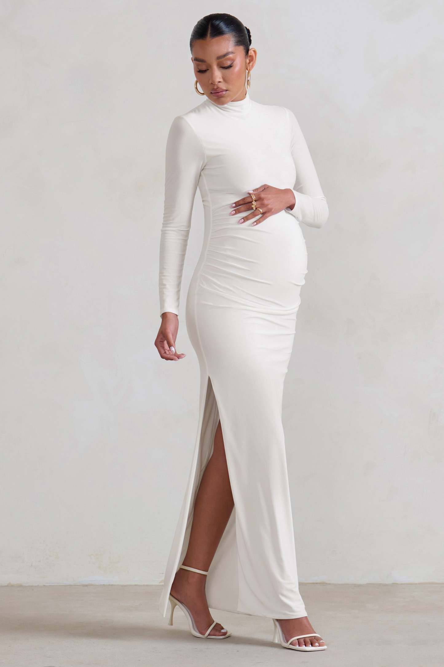 Alejandra White Maternity Long Sleeve High Neck Maxi Dress-Fashionmomo.All Rights Reserved