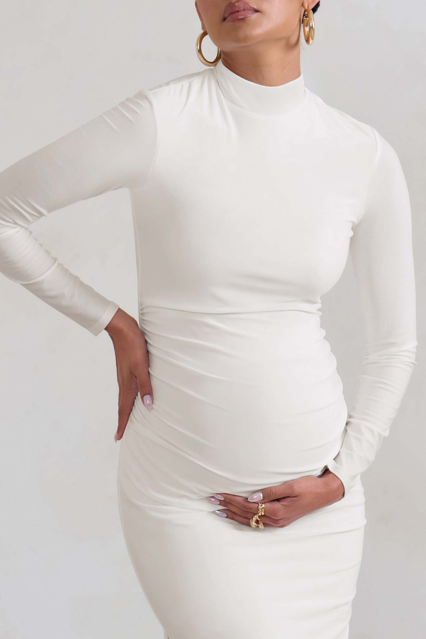 Alejandra White Maternity Long Sleeve High Neck Maxi Dress-Fashionmomo.All Rights Reserved